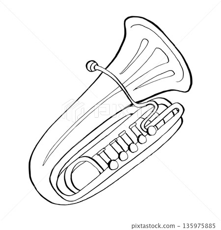Hand-drawn black and white line art of a tuba or euphonium. This minimalist musical instrument sketch is perfect for orchestral themes, educational resources, coloring pages, and clean icons. Hand-drawn black and white line art of a tuba or euphonium. This minimalist musical instrument sketch is perfect for orchestral themes, educational resources, coloring pages, and clean icons. 135975885