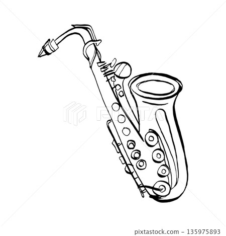 Hand drawn black and white line art illustration of a saxophone. Minimalist musical instrument sketch ideal for jazz themes, coloring pages, educational materials, and simple graphic designs. 135975893