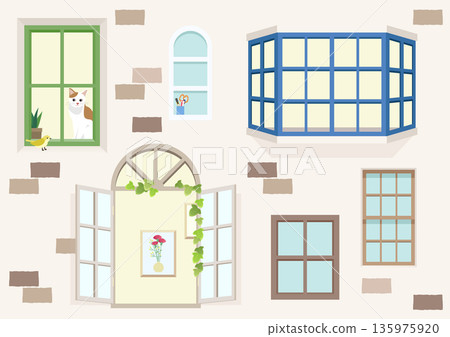 Stylish window variations and exterior wall illustration set Bay window Arch window Vector material of landscape with cat 135975920