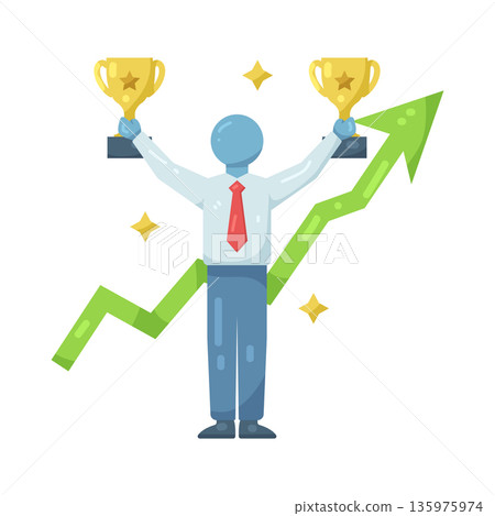 Illustration of Successful Businessman Holding Two Trophies 135975974
