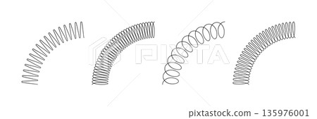 Spiral spring set. Metal wire coil spring icon collection. Thin zigzag round corner symbol. Flexible coil shapes. Loop line pattern. Vector illustration isolated on white background. Spiral spring set. Metal wire coil spring icon collection. Thin zigzag round corner symbol. Flexible coil shapes. Loop line pattern. Vector illustration isolated on white background. 135976001