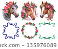 Watercolor set featuring three horse heads adorned with pink rose wreaths and three decorative frames made of purple ribbons, red roses, and green ribbons. Equestrian botanical clipart collection. 135976089