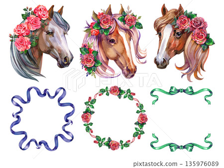 Watercolor set featuring three horse heads adorned with pink rose wreaths and three decorative frames made of purple ribbons, red roses, and green ribbons. Equestrian botanical clipart collection. 135976089