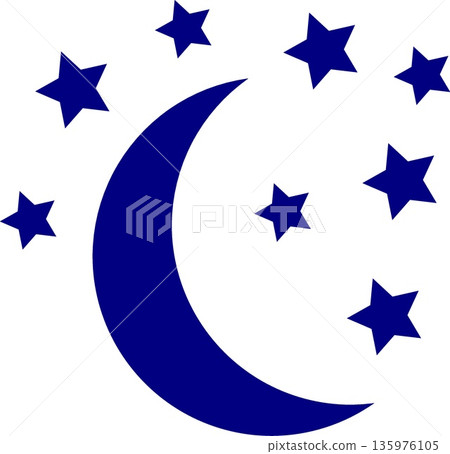Blue Crescent Moon and Stars Icon Silhouette for Night Sky Evening Weather Forecast Sleep Dreams Astrology and Celestial Space Graphic Design 135976105