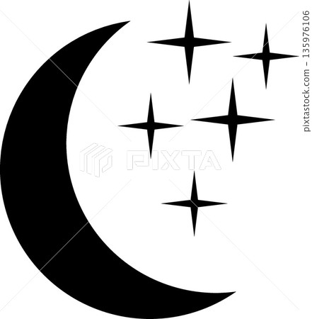 Minimalist Black Crescent Moon and Sparkle Stars Silhouette Icon for Night Sky Evening Weather Forecast Sleep Dreams and Celestial Astrology Design 135976106