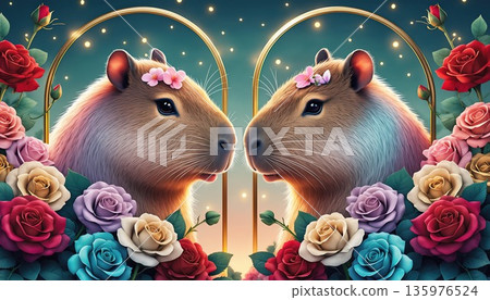 由頭戴花冠的水豚和金色拱門構成的奇幻景觀 135976524