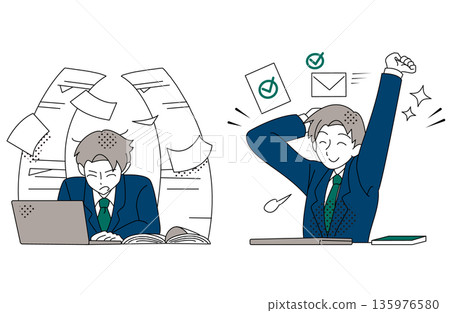 Illustration of a businessman who completes his work and feels a sense of accomplishment Illustration of a businessman who completes his work and feels a sense of accomplishment 135976580