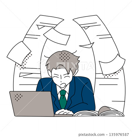 Illustration of a busy businessman overwhelmed with paperwork and work Illustration of a busy businessman overwhelmed with paperwork and work 135976587