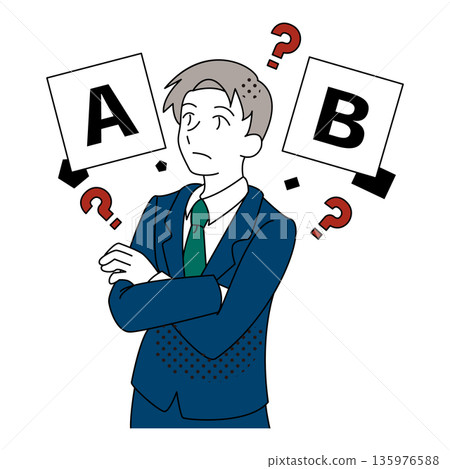 Illustration of a businessman who is unsure of what to do between A and B 135976588