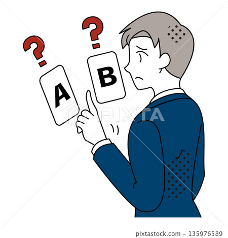 Illustration of a businessman trying to decide between A and B 135976589