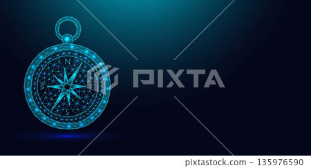 Low poly wireframe magnetic compass on dark blue background. Low poly wireframe magnetic compass on dark blue background. 135976590