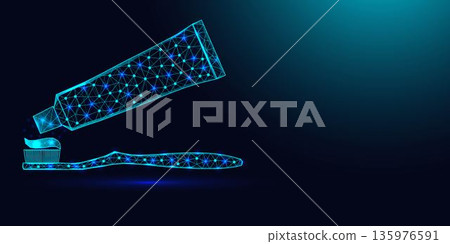 Low poly wireframe toothbrush and toothpaste tube on dark blue background. Low poly wireframe toothbrush and toothpaste tube on dark blue background. 135976591