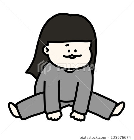 一名穿著運動衫的女子努力張開雙腿，伸展肌肉，顯然是缺乏運動所致。 135976674