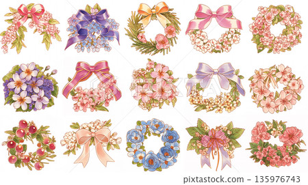 春季花圈材質、花框、緞帶和花卉圖案、少女風裝飾、營造春日氛圍的設計 春季花圈材質、花框、緞帶和花卉圖案、少女風裝飾、營造春日氛圍的設計 135976743