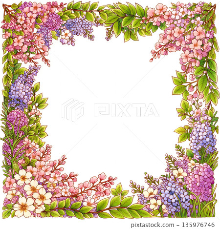 春季花圈材質、花框、緞帶和花卉圖案、少女風裝飾、營造春日氛圍的設計 135976746