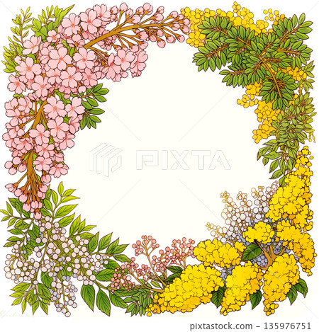 Spring bouquet frame, wreath-style plant illustration, decorative frame material, plant circle, natural botanical, spring motif 135976751