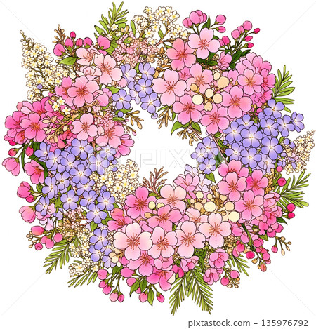 花卉相框素材，春季花環，少女花束設計，植物插畫，裝飾相框素材，春季圖案 135976792