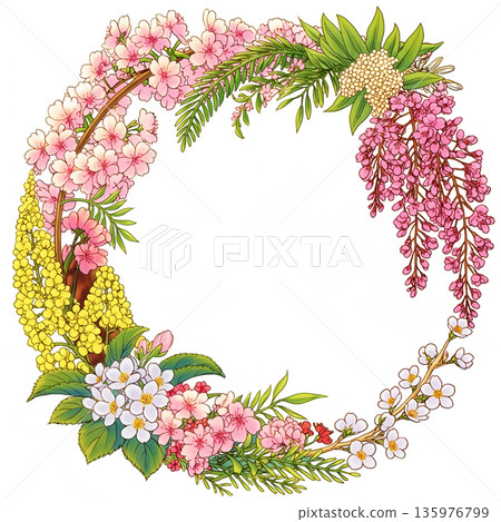 春日花卉絲帶相框，花環造型插畫，裝飾素材，營造絢麗的季節氛圍，植物圓環素材，可愛春日 135976799
