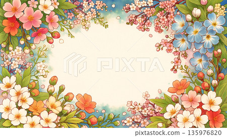 Spring botanical wreath, plant and ribbon illustration, floral frame material, spring decorative frame, natural decoration 135976820