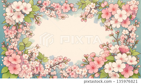Spring botanical wreath, plant and ribbon illustration, floral frame material, spring decorative frame, natural decoration 135976821