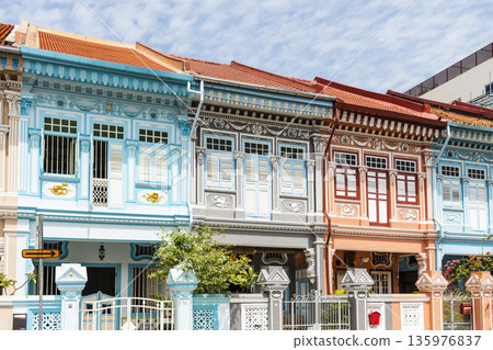 Building view of the Colorful Shophouses along Koon Seng Road of Katong-Joo Chiat Place in Singapore is a tourist hotspot. 135976837