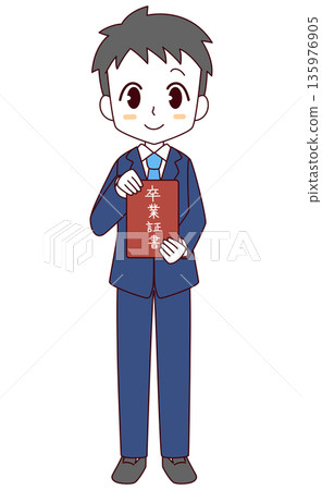 Illustration of a boy in a blazer holding a diploma Illustration of a boy in a blazer holding a diploma 135976905