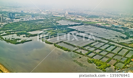 Aerial view of mangroves, a natural residential fortress, Jakarta Bay, Indonesia Aerial view of mangroves, a natural residential fortress, Jakarta Bay, Indonesia 135976941