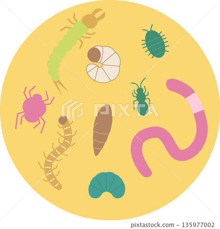 土壤中昆蟲的可愛插圖 - 黃色 土壤中昆蟲的可愛插圖 - 黃色 135977002