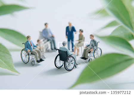 辦公室場景，幾位坐輪椅的商人正在討論（3D） 135977212