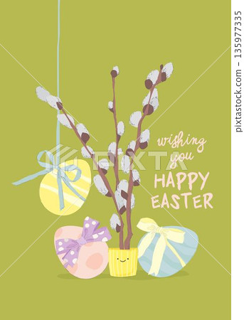 Cartoon Spring Blooming Pussy-Willow and Easter Eggs. Happy Season 135977335