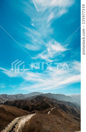 Great Wall of China panorama under clear blue sky Great Wall of China panorama under clear blue sky 135977339