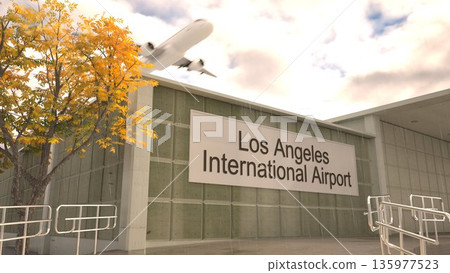 Los Angeles International Airport sign on terminal building with autumn tree and airplane, Los Angeles, United States 3D rendering Los Angeles International Airport sign on terminal building with autumn tree and airplane, Los Angeles, United States 3D rendering 135977523