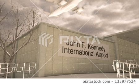 John F Kennedy International Airport exterior with airplane overhead in winter snowfall, New York, United States 3D rendering John F Kennedy International Airport exterior with airplane overhead in winter snowfall, New York, United States 3D rendering 135977524