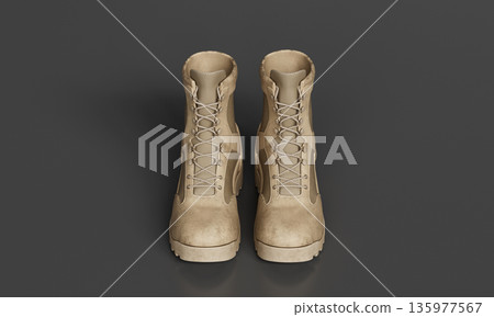 Tan Leather Military Combat Boots. 3D Rendering. Tan Leather Military Combat Boots. 3D Rendering. 135977567
