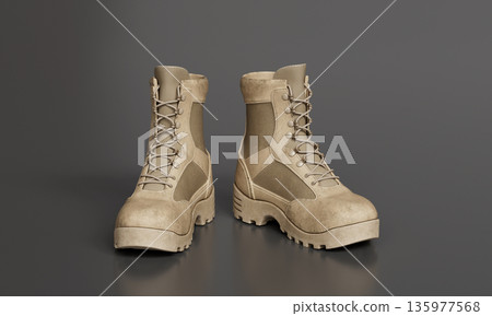 Tan Leather Military Combat Boots. 3D Rendering. 135977568