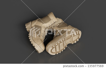 Tan Leather Military Combat Boots. 3D Rendering. Tan Leather Military Combat Boots. 3D Rendering. 135977569