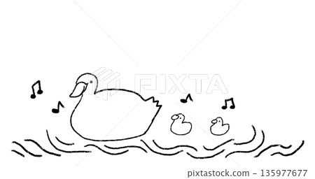 一幅快樂的鴨子一家游泳的單色線條畫。適用於兒童公告和信件。 一幅快樂的鴨子一家游泳的單色線條畫。適用於兒童公告和信件。 135977677