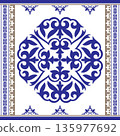 Vintage seamless pattern in portuguese azulejo style. Geometric Moroccan Seamless Pattern Arabesque blue, gold. Moroccan azulejo pattern, majolica tile,Talavera, Damask, Mediterranean ceramic 135977692