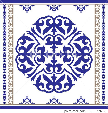 Vintage seamless pattern in portuguese azulejo style. Geometric Moroccan Seamless Pattern Arabesque blue, gold. Moroccan azulejo pattern, majolica tile,Talavera, Damask, Mediterranean ceramic 135977692
