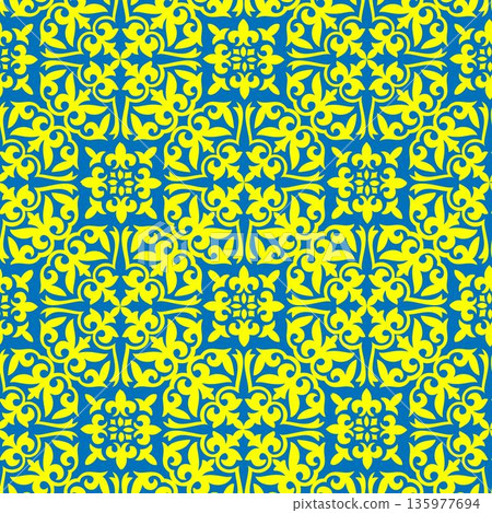 Seamless pattern tile in oriental style. Blue and yellow background. Geometric background. Moroccan azulejo pattern, majolica tile,Talavera, Damask, Mediterranean ceramic, patchwork Seamless pattern tile in oriental style. Blue and yellow background. Geometric background. Moroccan azulejo pattern, majolica tile,Talavera, Damask, Mediterranean ceramic, patchwork 135977694