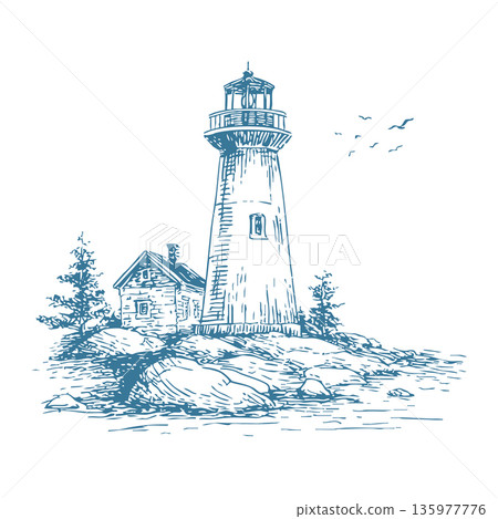 Antique lighthouse engraving vector illustration for travel and heritage design Antique lighthouse engraving vector illustration for travel and heritage design 135977776