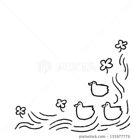 單色線條畫,描繪了小鴨和三葉草,可用於兒童公告和信件。 單色線條畫,描繪了小鴨和三葉草,可用於兒童公告和信件。 135977778