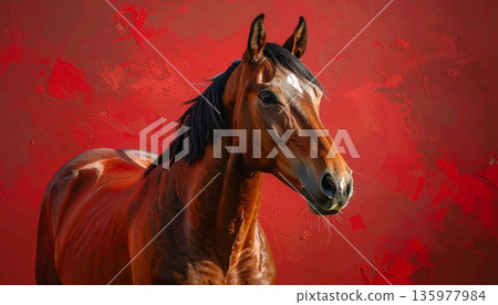 Beautiful illustration of a horse on a red background in a Chinese style. Beautiful illustration of a horse on a red background in a Chinese style. 135977984