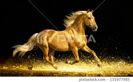 Beautiful illustration of a horse on a red background in a Chinese style. 135977985
