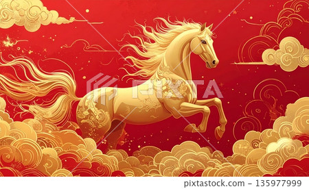 Beautiful illustration of a horse on a red background in a Chinese style. Beautiful illustration of a horse on a red background in a Chinese style. 135977999
