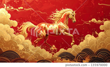 Beautiful illustration of a horse on a red background in a Chinese style. Beautiful illustration of a horse on a red background in a Chinese style. 135978000