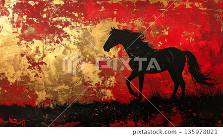 Beautiful illustration of a horse on a red background in a Chinese style. Beautiful illustration of a horse on a red background in a Chinese style. 135978021