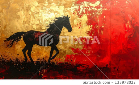 Beautiful illustration of a horse on a red background in a Chinese style. Beautiful illustration of a horse on a red background in a Chinese style. 135978022