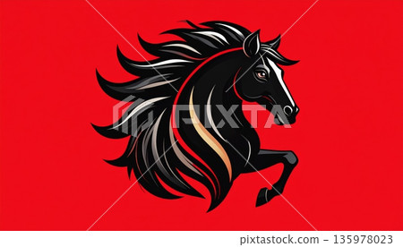 Beautiful illustration of a horse on a red background in a Chinese style. Beautiful illustration of a horse on a red background in a Chinese style. 135978023