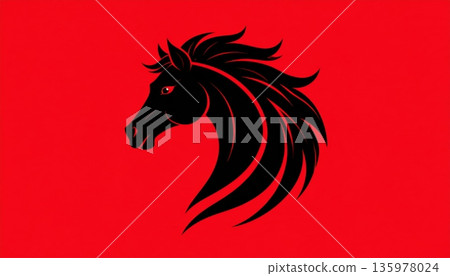 Beautiful illustration of a horse on a red background in a Chinese style. 135978024